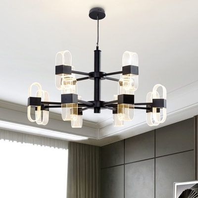 Radial Chandelier Lamp Modern Metal 6/8/12 Heads Black Hanging Ceiling Light with Acrylic Shade in Warm/White Light