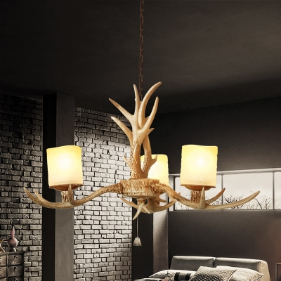 Resin Branch Chandelier Lamp Traditionary 3/6 Heads Ceiling Hanging Light in Brown with Cylinder Frosted Glass Shade