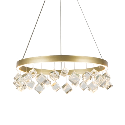 Ring Bedroom Chandelier Pendant Light Cubic Crystal Gold LED Ceiling Light in Warm/White Light