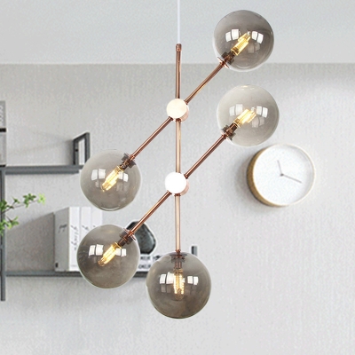 Round Hanging Chandelier Modernist Amber/Smoked Glass 5 Bulbs Bedroom Ceiling Suspension Lamp