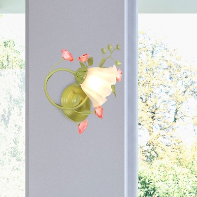Scallop Bedroom Wall Light Sconce Countryside Opal White Glass 1 Head Green Wall Lighting Fixture