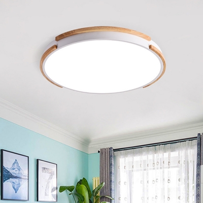 Simple Disk Flush Mount Fixture Wood Living Room LED Ceiling Lighting in White, 12.5