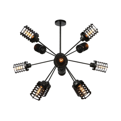 Sputnik Hanging Chandelier Light Industrial Metallic 9/12/15 Heads Black Ceiling Light with Cylinder Cage Shade