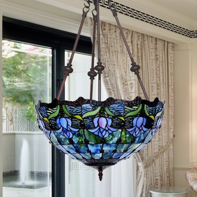Stained Glass Flower Pendant Chandelier Tiffany 2 Lights Red/Blue Ceiling Suspension Lamp for Restaurant