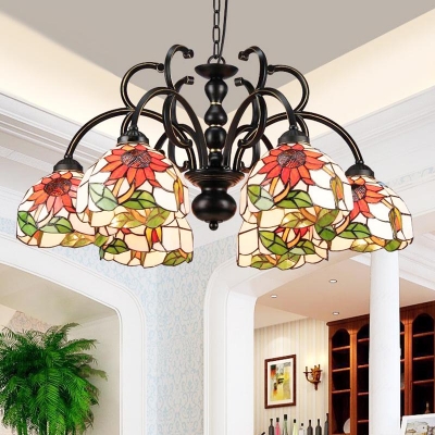 Tiffany Flower Chandelier Light 6 Light Hand Cut Glass Pendant Lamp in Black for Living Room