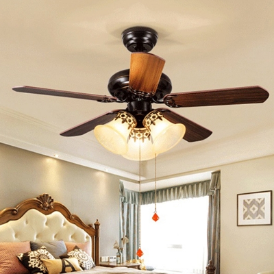 Traditional Bell Ceiling Fan 3 Heads Opal Handblown Glass Semi Flush Chandelier in Red Brown, Pull Chain/Remote Control