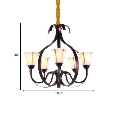 Traditional Petal Chandelier Lighting Opal Glass and Metal 3/5/8 Lights Living Room Hanging Pendant Light in Red Brown
