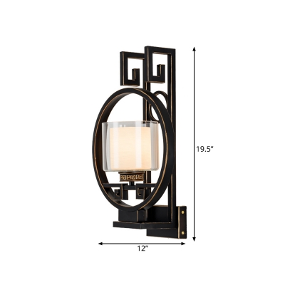 Traditionalism Cylinder Wall Mount Lamp 1 Head Clear Glass Surface Wall Sconce with Metal Backplate in Black