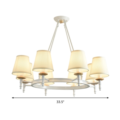 Wheel Chandelier Lamp Modern Style Metal 8 Lights White Ceiling Pendant Light with Cone Fabric Shade
