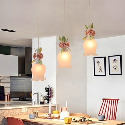 White Glass Rose Multi Light Pendant Pastoral 3 Bulbs Dining Room Suspension Lighting Fixture