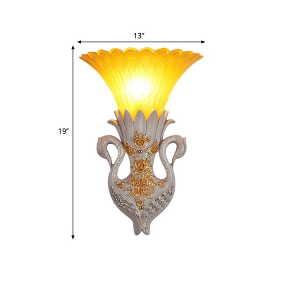 Yellow Glass Flared Wall Sconce Fixture Vintage 1 Head Corridor Wall Mounted Lamp with Gold/White Swan Design