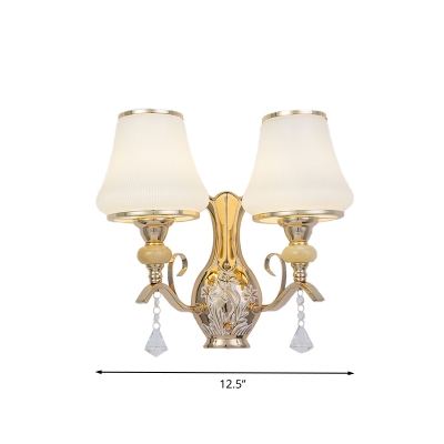 2 Bulbs Bell Wall Sconce Traditional White Metal Wall Light Fixture with Clear Crystal Drop
