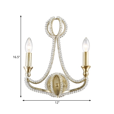 2 Lights Candle Wall Mounted Light Traditional Gold Metal Sconce with Clear Crystal Accent