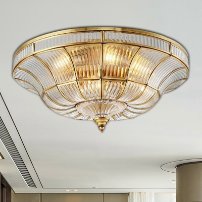 3/6 Lights Living Room Ceiling Mounted Fixture Classic Brass Flush Mount Light with Bowl Clear Ribbed Glass Shade, 15