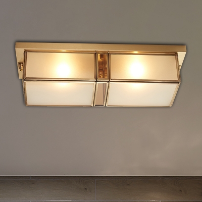 4-Light Frosted Glass Flush Ceiling Light Classic Brass Rectangle Living Room Flush Mount Lamp