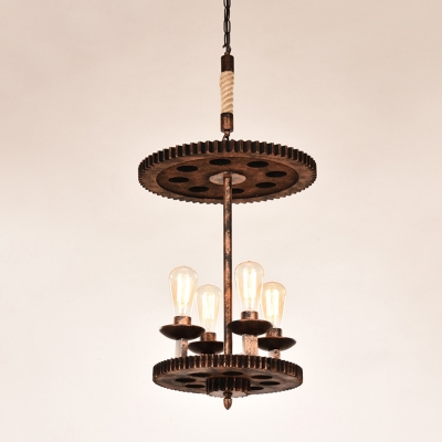 4 Lights Open Bulb Ceiling Chandelier Vintage Weathered Copper Metal Hanging Fixture