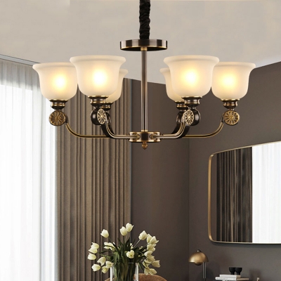 6 Bulbs Sandblasted Glass Hanging Chandelier Traditionalism Black and Gold Bell Dining Table Pendant Lighting Fixture