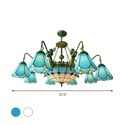7/9 Heads Chandelier Lighting Fixture Tiffany-Style Tapered Hand Cut Glass Hanging Pendant Light in Yellow/Blue for Living Room