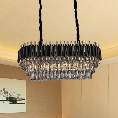 Black Oval Chandelier Light Fixture Contemporary 6/8 Heads Three Sided Crystal Rod Hanging Lamp
