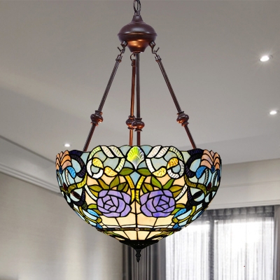 Bowl Chandelier Light Baroque Multicolored Stained Glass 2 Heads Blue/Yellow/Red Suspension Pendant for Kitchen
