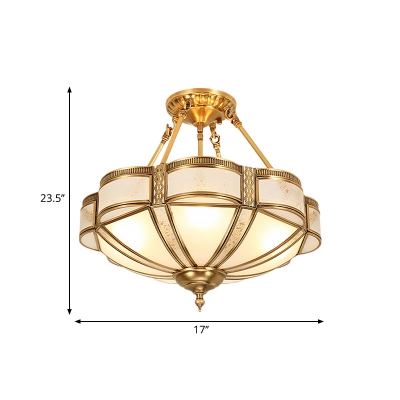 Bowl Frosted Glass Semi Flush Light Traditional 3/4 Lights Dining Room Semi Flush Mount in Brass, 14