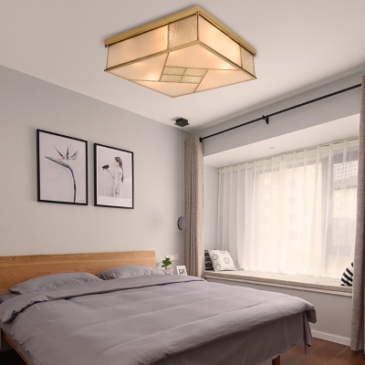 Brass 4/6 Lights Ceiling Mount Classic Frosted Glass Panel Square Flush Light Fixture for Bedroom