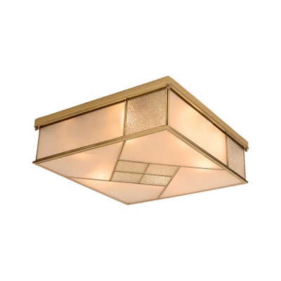 Brass 4/6 Lights Ceiling Mount Classic Frosted Glass Panel Square Flush Light Fixture for Bedroom