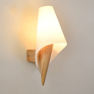 Chinese 1 Head Sconce Light Beige Wide Flare Wall Mounted Lighting with White Glass Shade