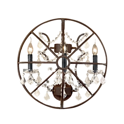 Circle Bedroom Wall Sconce Industrial Clear Crystal Glass 2/3 Heads Rust Wall Lighting Fixture