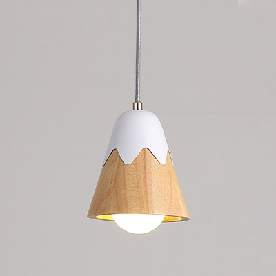 Contemporary 1 Head Ceiling Lamp White Tapered Hanging Pendant Light with Wood Shade