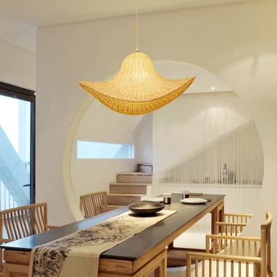 Contemporary Cap Bamboo Pendant Light Kit 1 Light Beige Hanging Lamp for Dining Room