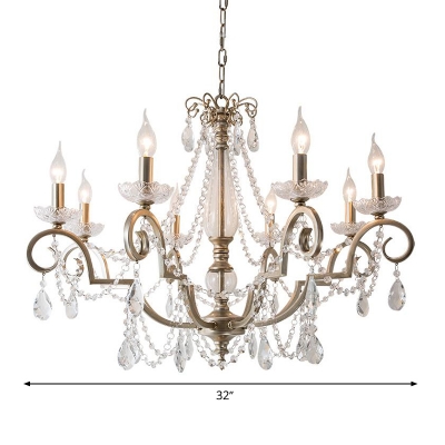 Countryside Candle Chandelier Lamp 3/6/8 Lights Crystal Pendant Light in Silver for Living Room