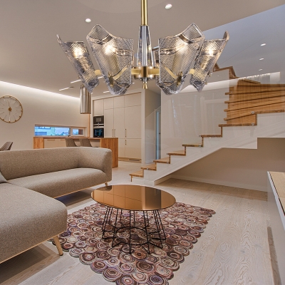 Curved Living Room Chandelier Lamp Clear Lattice Glass 6 Bulbs LED Modern Drop Pendant