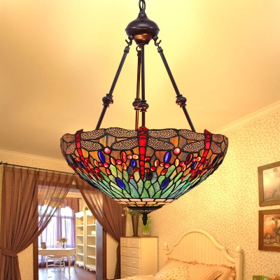 Cut Glass Dragonfly Chandelier Light Tiffany-Style 2 Lights Orange/Green/Red Suspension Lighting for Living Room