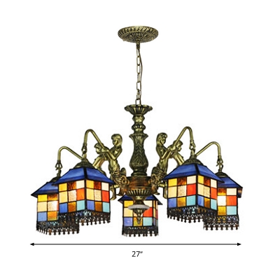 Cut Glass House Chandelier Lamp Mediterranean 3/5/9 Bulbs Blue Down Lighting Pendant for Bedroom