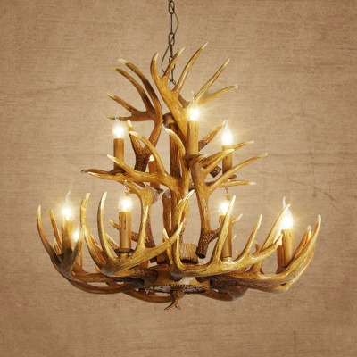 Deer Antler Chandelier Lamp Rustic 9/12 Heads Resin Ceiling Hanging Light in Brown, 21.5