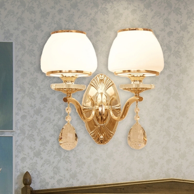 Dome Bedroom Wall Sconce Light Traditional Ivory Glass 1/2 Heads Brass Wall Lighting Fixture
