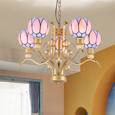 Floral Chandelier Light Tiffany-Style Stained Art Glass 3/5/6 Bulbs Pink Pendant Lighting for Bedroom