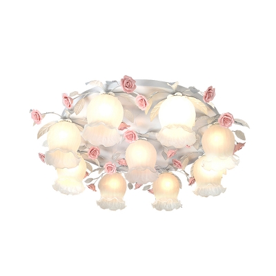 Floral White Glass Ceiling Mounted Fixture Traditional 9 Bulbs Living Room Flush Mount Lamp with Pink Rose Decor