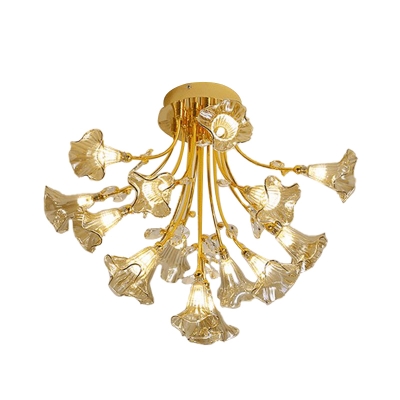 Flower Semi Flush Mount Modernist Crystal 16 Bulbs Gold Ceiling Light Fixture for Dining Room