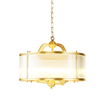 Gold 4/5 Heads Chandelier Lighting Colonialism Frosted Prismatic Glass Drum Pendant Ceiling Light for Living Room