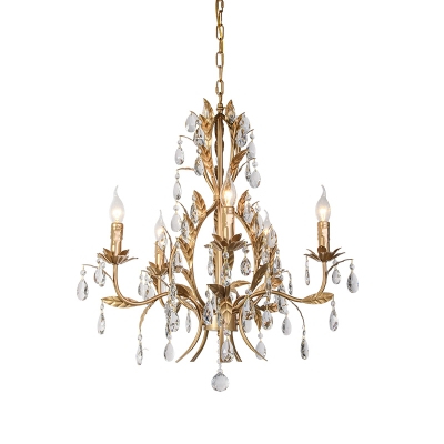 Gold Curvy Chandelier Lighting Fixture Countryside Crystal 5 Lights Living Room Hanging Lamp