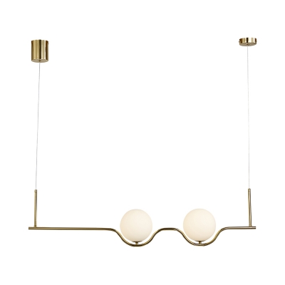 Gold Linear Island Lamp Modernist 2 Bulbs Metal Ceiling Pendant Light with Ball Opal Glass Shade