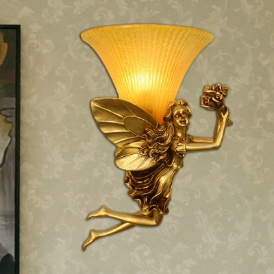 Blue/Gold Angel Wall Light Sconce Country Style Resin 1 Light Living Room Wall Lamp with Yellow Glass Bowl Shade