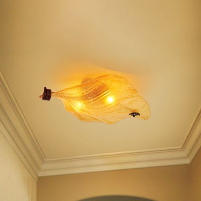 Leaf Shaped Flush Mount Fixture Country Style Yellow Glass 2 Lights Corridor Ceiling Mounted Light