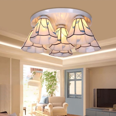 Leaf/Stripes Flush Mount Lamp Stained Glass 3/6 Lights Blue Flush Ceiling Light for Living Room