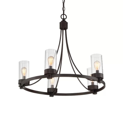 Metal Black Pendant Chandelier Circle 5 Lights Vintage Ceiling Hang Fixture with Clear Glass Cylinder Shade
