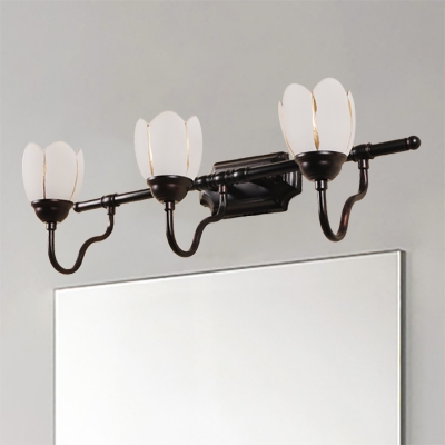 Milk Glass Petal Vanity Lamp Modern Style 2/3 Lights Wall Sconce Lighting with Curved Arm in Black