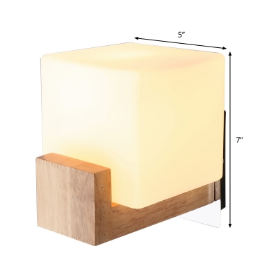 Milky Glass Square Sconce Contemporary 1 Head Wood Wall Mount Light Fixture for Dining Room