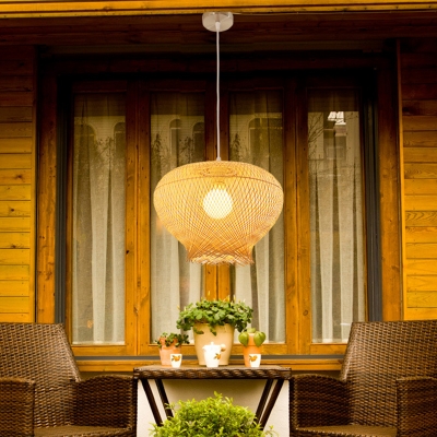 Nest Shaped Pendant Light Modern Bamboo 1 Light Beige Hanging Lamp for Dining Room